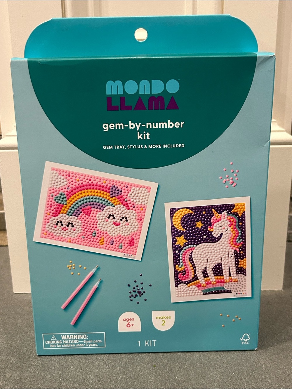 Mondo Llama Gem-By-Number Kit - Teal Box with Rainbow & Unicorn Designs